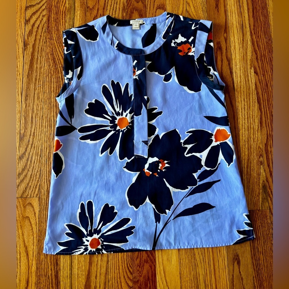 J. Crew Light Blue Floral Sleeveless Blouse with Navy & Orange - 4 Petite